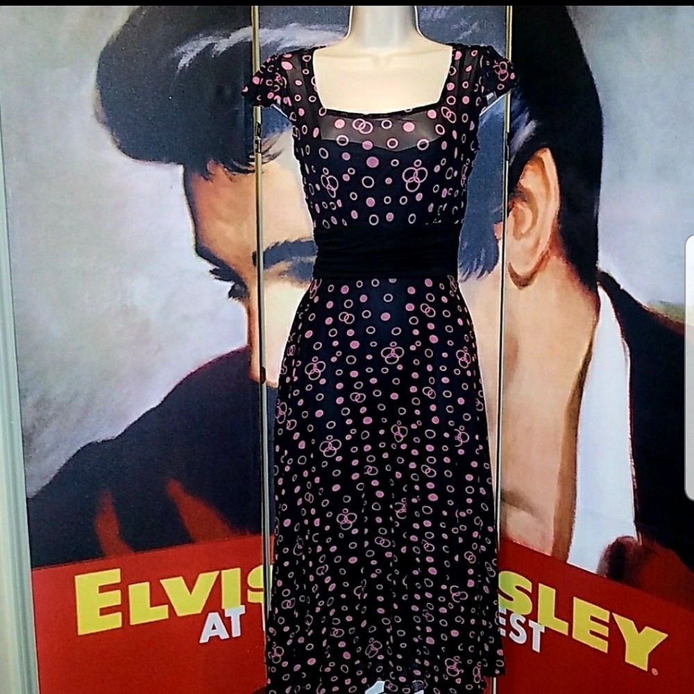 Tatyana Jenny Vintage 1940's Hollywood Starlet Black Chiffon Tea Dress Pink Dots - Picture 2 of 8